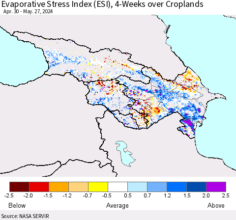 Azerbaijan, Armenia and Georgia Evaporative Stress Index (ESI), 4-Weeks over Croplands Thematic Map For 5/27/2024 - 6/2/2024