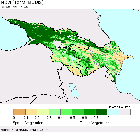 Azerbaijan, Armenia and Georgia NDVI (Terra-MODIS) Thematic Map For 9/6/2021 - 9/13/2021