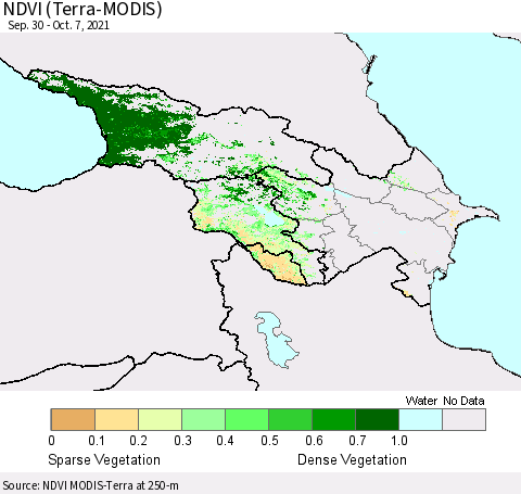 Azerbaijan, Armenia and Georgia NDVI (Terra-MODIS) Thematic Map For 9/30/2021 - 10/7/2021