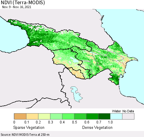 Azerbaijan, Armenia and Georgia NDVI (Terra-MODIS) Thematic Map For 11/9/2021 - 11/16/2021