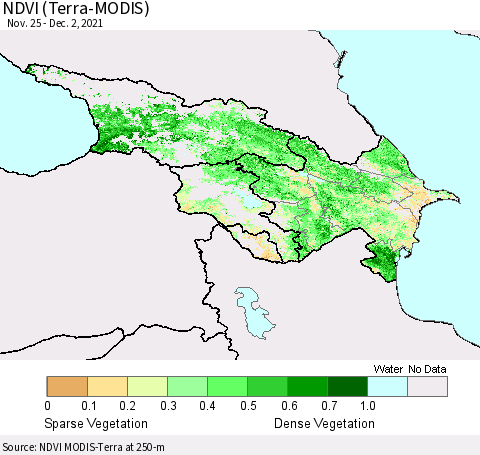 Azerbaijan, Armenia and Georgia NDVI (Terra-MODIS) Thematic Map For 11/25/2021 - 12/2/2021