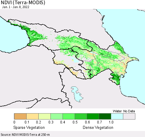 Azerbaijan, Armenia and Georgia NDVI (Terra-MODIS) Thematic Map For 1/1/2022 - 1/8/2022