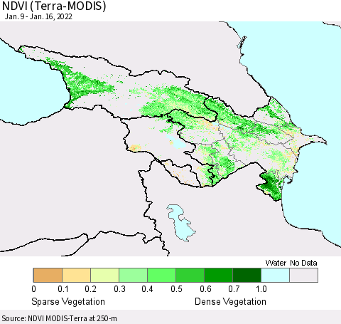 Azerbaijan, Armenia and Georgia NDVI (Terra-MODIS) Thematic Map For 1/9/2022 - 1/16/2022