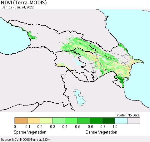 Azerbaijan, Armenia and Georgia NDVI (Terra-MODIS) Thematic Map For 1/17/2022 - 1/24/2022