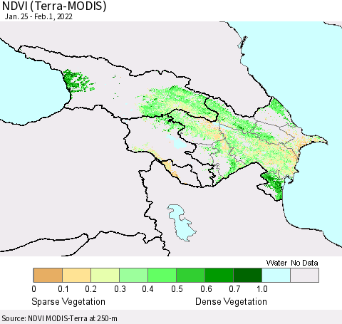 Azerbaijan, Armenia and Georgia NDVI (Terra-MODIS) Thematic Map For 1/25/2022 - 2/1/2022