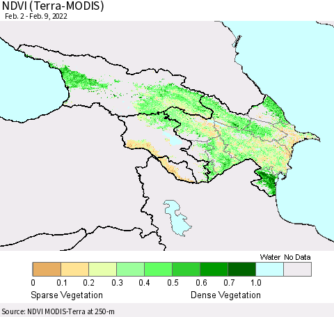 Azerbaijan, Armenia and Georgia NDVI (Terra-MODIS) Thematic Map For 2/2/2022 - 2/9/2022