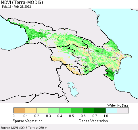 Azerbaijan, Armenia and Georgia NDVI (Terra-MODIS) Thematic Map For 2/18/2022 - 2/25/2022