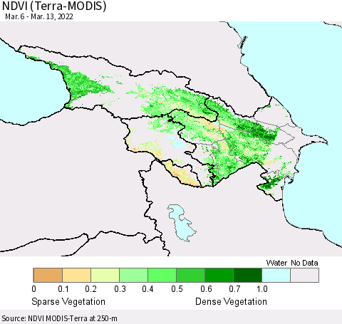 Azerbaijan, Armenia and Georgia NDVI (Terra-MODIS) Thematic Map For 3/6/2022 - 3/13/2022