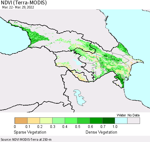 Azerbaijan, Armenia and Georgia NDVI (Terra-MODIS) Thematic Map For 3/22/2022 - 3/29/2022