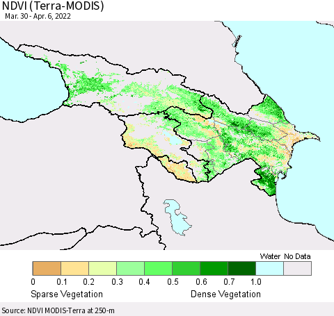 Azerbaijan, Armenia and Georgia NDVI (Terra-MODIS) Thematic Map For 3/30/2022 - 4/6/2022