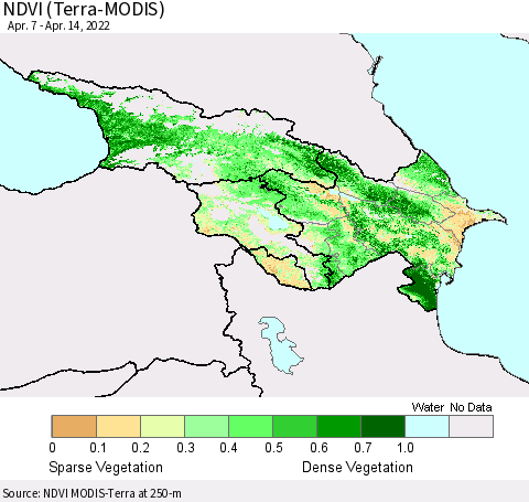 Azerbaijan, Armenia and Georgia NDVI (Terra-MODIS) Thematic Map For 4/7/2022 - 4/14/2022