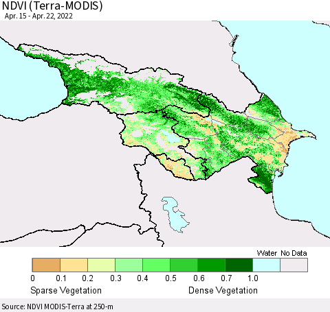 Azerbaijan, Armenia and Georgia NDVI (Terra-MODIS) Thematic Map For 4/15/2022 - 4/22/2022