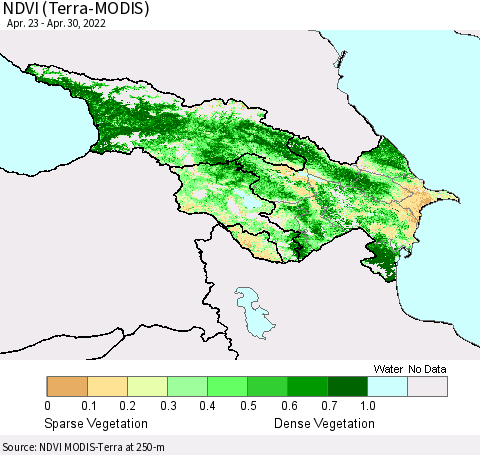 Azerbaijan, Armenia and Georgia NDVI (Terra-MODIS) Thematic Map For 4/23/2022 - 4/30/2022