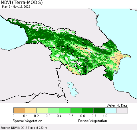 Azerbaijan, Armenia and Georgia NDVI (Terra-MODIS) Thematic Map For 5/9/2022 - 5/16/2022