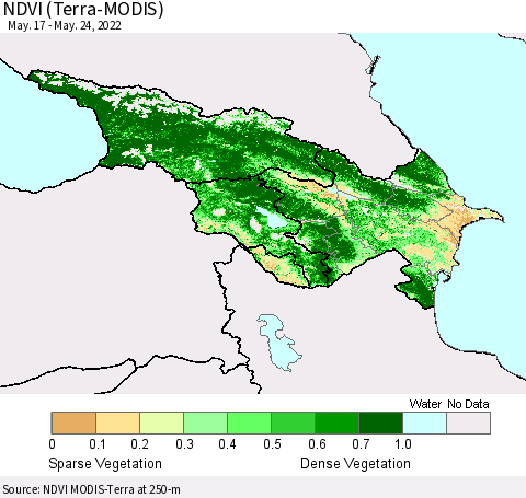 Azerbaijan, Armenia and Georgia NDVI (Terra-MODIS) Thematic Map For 5/17/2022 - 5/24/2022