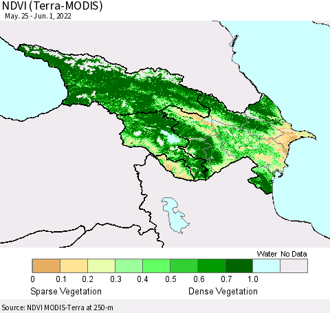 Azerbaijan, Armenia and Georgia NDVI (Terra-MODIS) Thematic Map For 5/25/2022 - 6/1/2022
