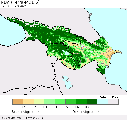 Azerbaijan, Armenia and Georgia NDVI (Terra-MODIS) Thematic Map For 6/2/2022 - 6/9/2022