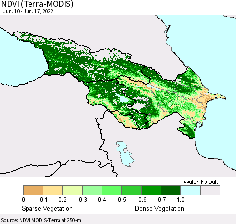 Azerbaijan, Armenia and Georgia NDVI (Terra-MODIS) Thematic Map For 6/10/2022 - 6/17/2022