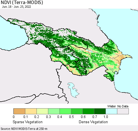 Azerbaijan, Armenia and Georgia NDVI (Terra-MODIS) Thematic Map For 6/18/2022 - 6/25/2022