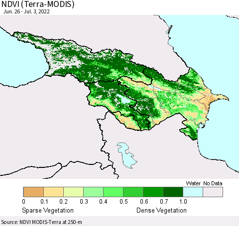 Azerbaijan, Armenia and Georgia NDVI (Terra-MODIS) Thematic Map For 6/26/2022 - 7/3/2022