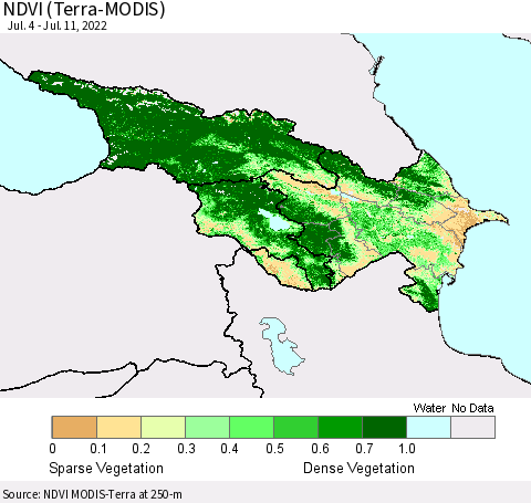 Azerbaijan, Armenia and Georgia NDVI (Terra-MODIS) Thematic Map For 7/4/2022 - 7/11/2022