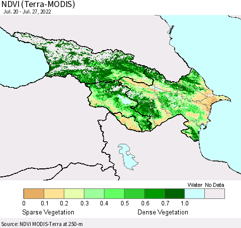 Azerbaijan, Armenia and Georgia NDVI (Terra-MODIS) Thematic Map For 7/20/2022 - 7/27/2022
