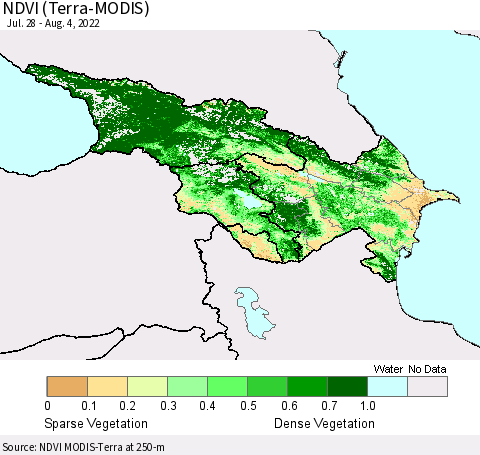 Azerbaijan, Armenia and Georgia NDVI (Terra-MODIS) Thematic Map For 7/28/2022 - 8/4/2022