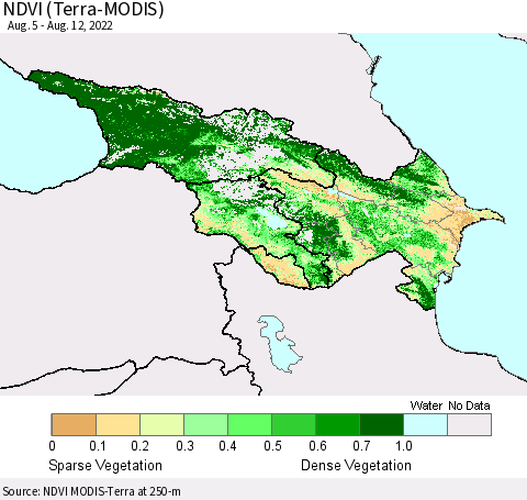 Azerbaijan, Armenia and Georgia NDVI (Terra-MODIS) Thematic Map For 8/5/2022 - 8/12/2022