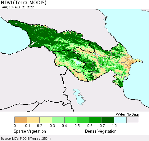 Azerbaijan, Armenia and Georgia NDVI (Terra-MODIS) Thematic Map For 8/13/2022 - 8/20/2022