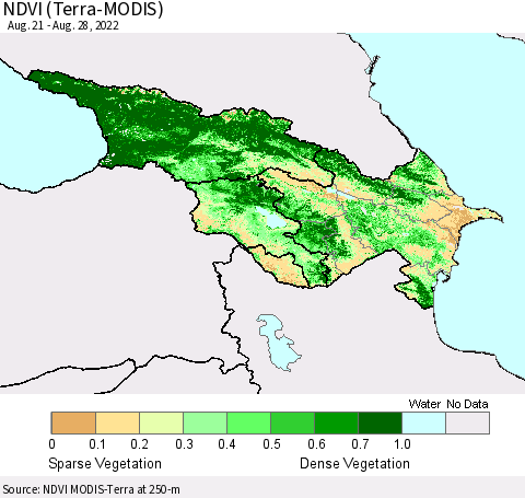 Azerbaijan, Armenia and Georgia NDVI (Terra-MODIS) Thematic Map For 8/21/2022 - 8/28/2022