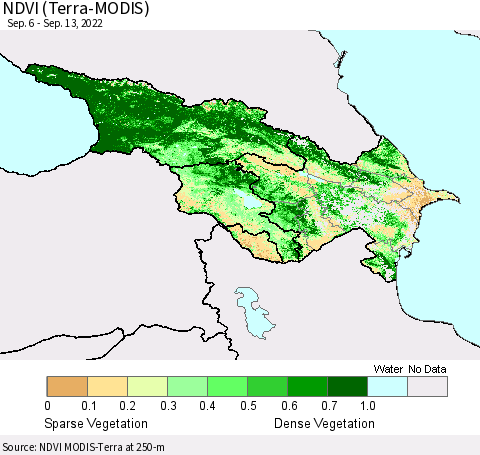 Azerbaijan, Armenia and Georgia NDVI (Terra-MODIS) Thematic Map For 9/6/2022 - 9/13/2022