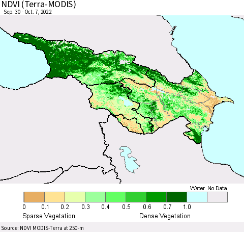 Azerbaijan, Armenia and Georgia NDVI (Terra-MODIS) Thematic Map For 9/30/2022 - 10/7/2022