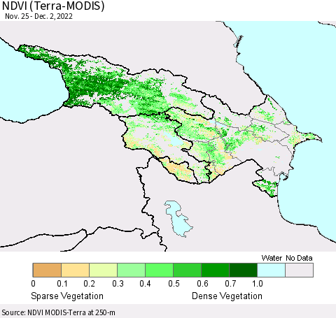 Azerbaijan, Armenia and Georgia NDVI (Terra-MODIS) Thematic Map For 11/25/2022 - 12/2/2022