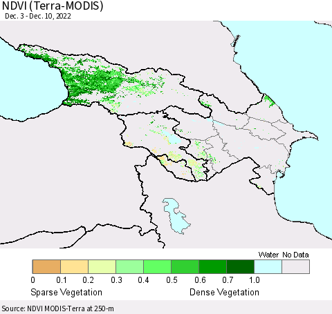 Azerbaijan, Armenia and Georgia NDVI (Terra-MODIS) Thematic Map For 12/3/2022 - 12/10/2022