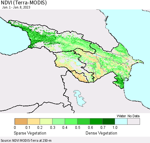 Azerbaijan, Armenia and Georgia NDVI (Terra-MODIS) Thematic Map For 1/1/2023 - 1/8/2023