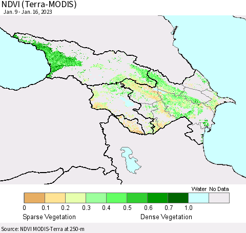 Azerbaijan, Armenia and Georgia NDVI (Terra-MODIS) Thematic Map For 1/9/2023 - 1/16/2023