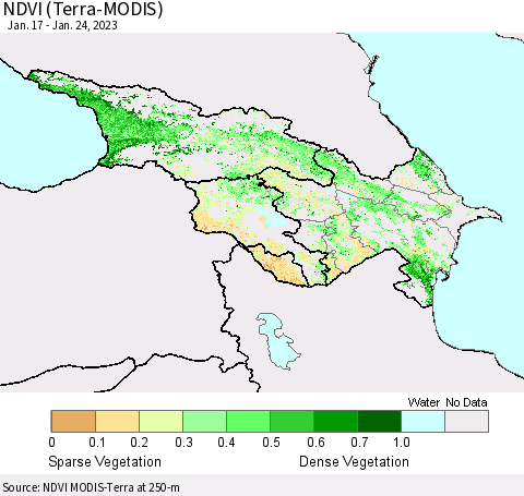 Azerbaijan, Armenia and Georgia NDVI (Terra-MODIS) Thematic Map For 1/17/2023 - 1/24/2023