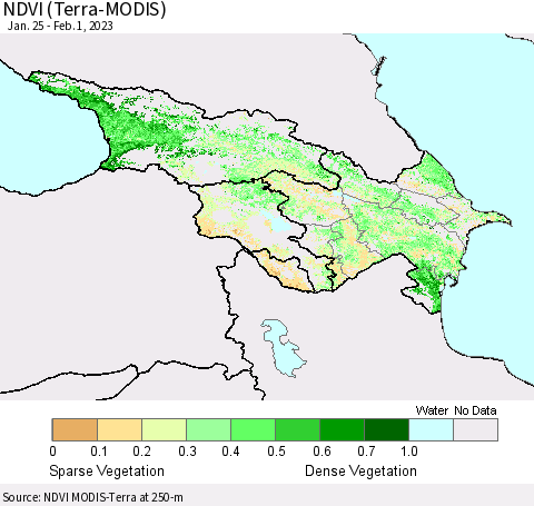 Azerbaijan, Armenia and Georgia NDVI (Terra-MODIS) Thematic Map For 1/25/2023 - 2/1/2023