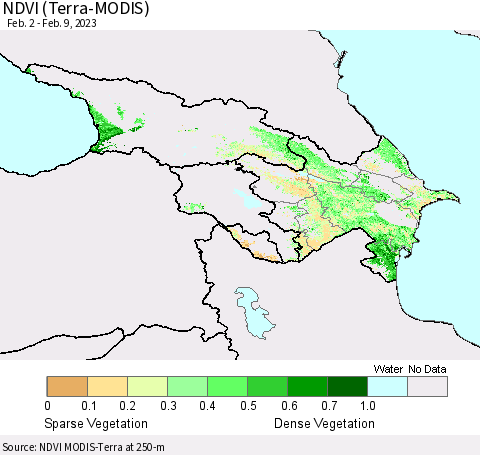 Azerbaijan, Armenia and Georgia NDVI (Terra-MODIS) Thematic Map For 2/2/2023 - 2/9/2023