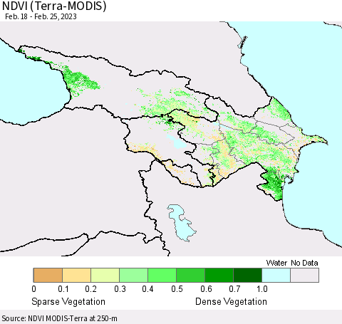 Azerbaijan, Armenia and Georgia NDVI (Terra-MODIS) Thematic Map For 2/18/2023 - 2/25/2023