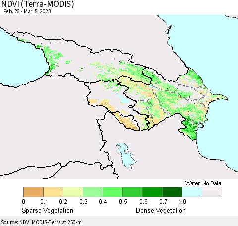 Azerbaijan, Armenia and Georgia NDVI (Terra-MODIS) Thematic Map For 2/26/2023 - 3/5/2023