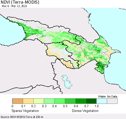 Azerbaijan, Armenia and Georgia NDVI (Terra-MODIS) Thematic Map For 3/6/2023 - 3/13/2023