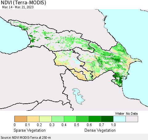 Azerbaijan, Armenia and Georgia NDVI (Terra-MODIS) Thematic Map For 3/14/2023 - 3/21/2023