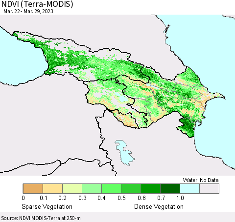 Azerbaijan, Armenia and Georgia NDVI (Terra-MODIS) Thematic Map For 3/22/2023 - 3/29/2023