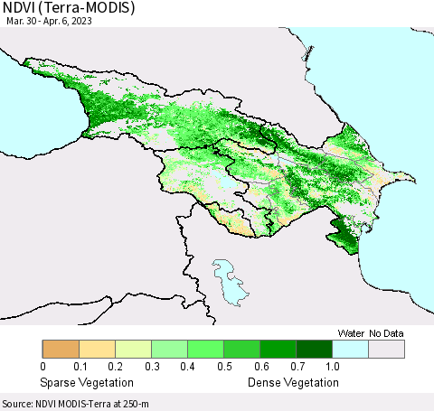 Azerbaijan, Armenia and Georgia NDVI (Terra-MODIS) Thematic Map For 3/30/2023 - 4/6/2023
