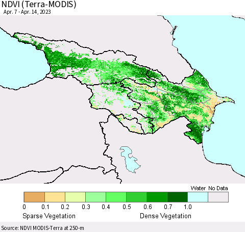 Azerbaijan, Armenia and Georgia NDVI (Terra-MODIS) Thematic Map For 4/7/2023 - 4/14/2023