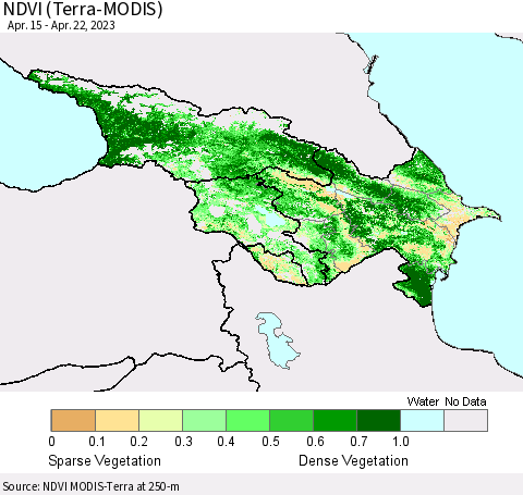 Azerbaijan, Armenia and Georgia NDVI (Terra-MODIS) Thematic Map For 4/15/2023 - 4/22/2023