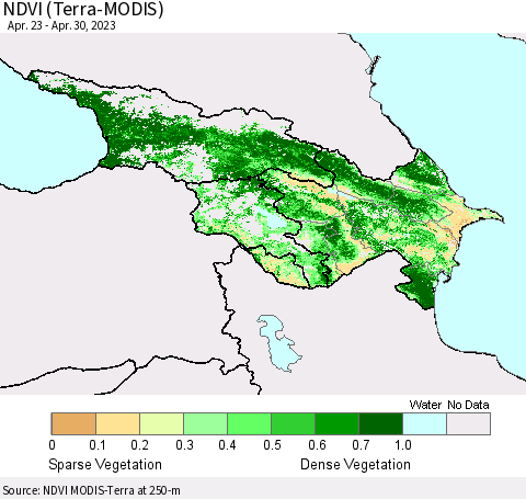 Azerbaijan, Armenia and Georgia NDVI (Terra-MODIS) Thematic Map For 4/23/2023 - 4/30/2023
