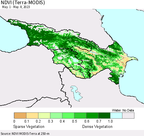 Azerbaijan, Armenia and Georgia NDVI (Terra-MODIS) Thematic Map For 5/1/2023 - 5/8/2023
