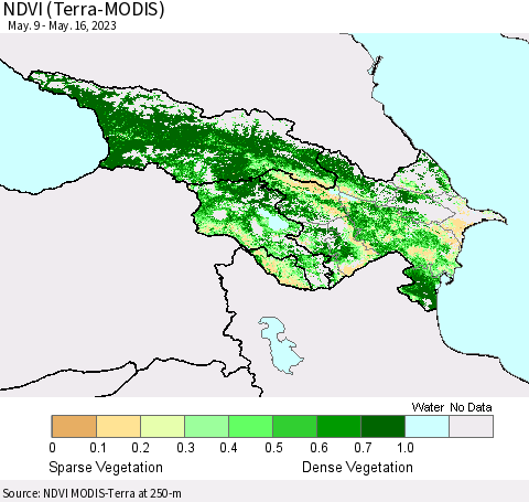 Azerbaijan, Armenia and Georgia NDVI (Terra-MODIS) Thematic Map For 5/9/2023 - 5/16/2023